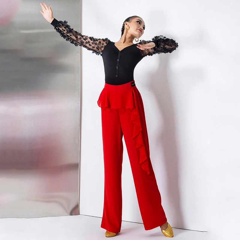 Новые Топы для бальных танцев с рукавами-фонариками и цветами боди V-образным