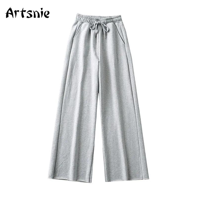 

Artsnie Spring 2021 Wide Leg Pants Women Drawstring High Waist Trousers Gray Casual Knitted Ladies Long Pants Sweatpants Femme
