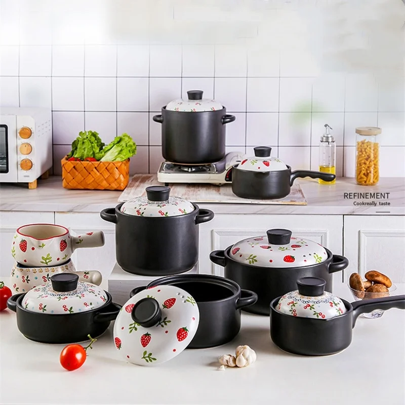 Japanese Multi-size Strawberry Pattern Ceramic Double Ear Casserole Handle Milk Pot Restaurant Kitchen Home Soup Pot Steamer
