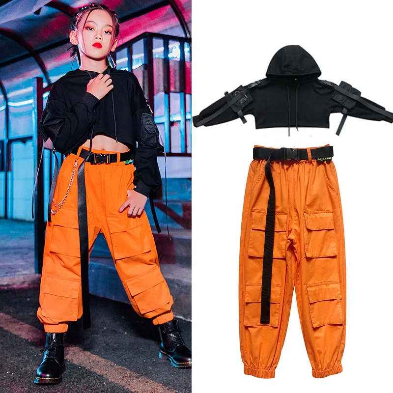 Новинка одежда в стиле хип хоп черные топы оранжевые брюки для девочек костюм