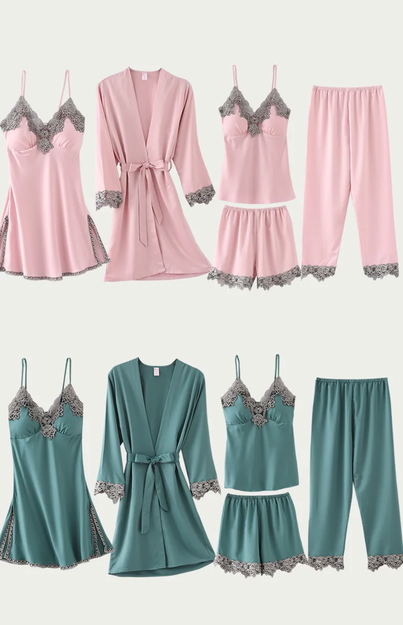 Spring Summer New Sling Gowns Nightgown 5Pcs Suit Women's Sexy Nightdress Matte Silky Soft Nightwear Home Wear Sleepwear Pajamas