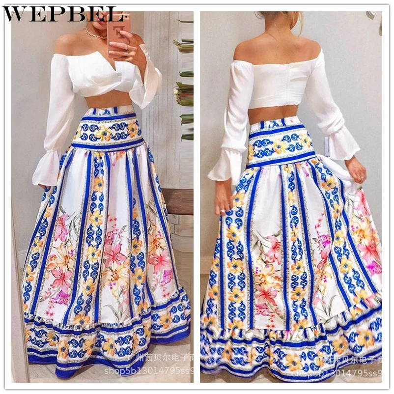 

WEPBEL Women's Elegant Skirt Set Outfits Ladies Off Shoulder V Neck Crop Top + High Waist Pleated Skirt Two Piece Set