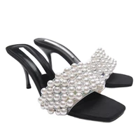 sandals women 2021 luxury brand summer new pvc fashion square toe high heel design sexy pearl muller sandals and slippers woman