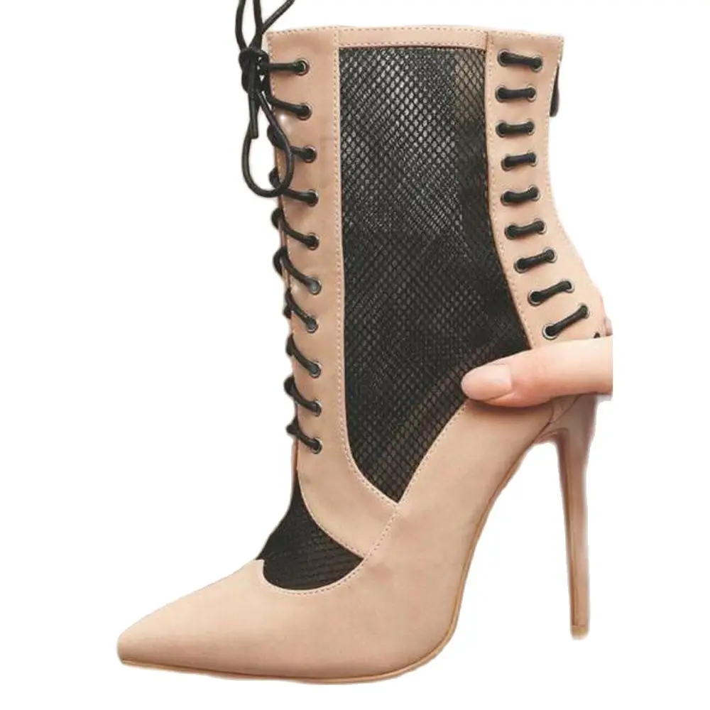 

Cross Tied Lace-Up Ankle Boots Pointed Toe Newest Hot Sexy Women Cut-Outs Thin High Heels Booty Party Women Shoes Spring Autume