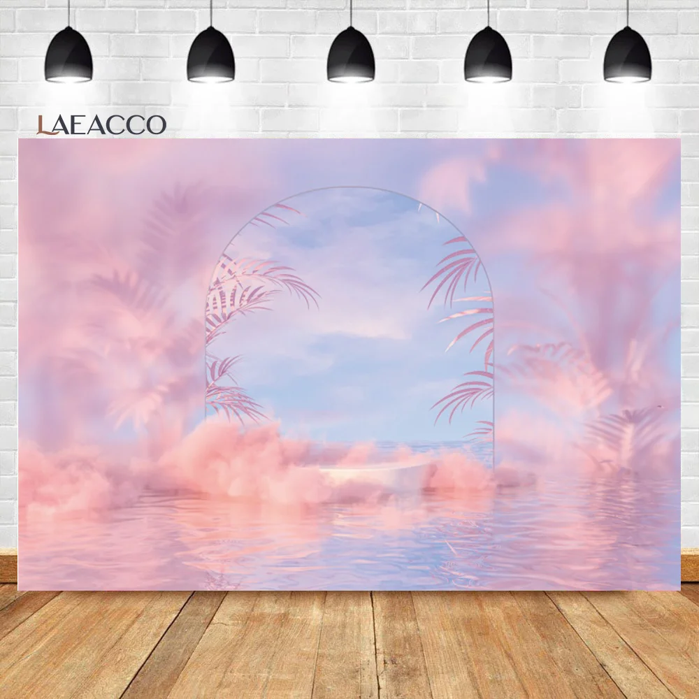 

Laeacco Summer Sea Beach Photography Backdrop Sunset Pink Cloud Seaside Palm Wedding Baby Shower Background For Photo Studio