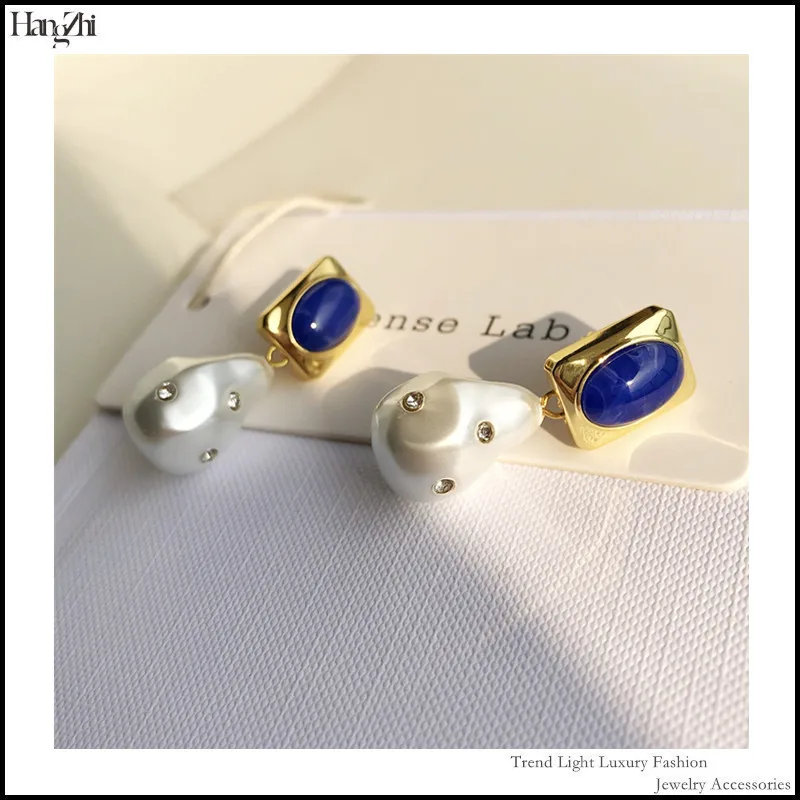 

Lapis Lazuli Baroque Pearl Inlaid Zircon Palace Style Exquisite Light Luxury Retro Shaped Drop Earrings for Women Girls Jewelry