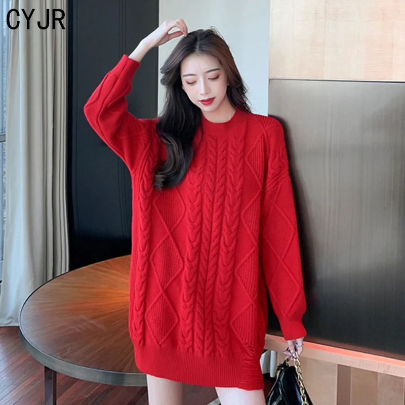 

CYJR O-neck Fashion Christmas Sweaters Women Long Sleeve Autumn Winter Solid Color Knitted Female Pullover Chic Ladies Sweater