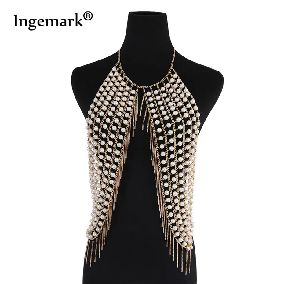 Ingemark Boho сексуальное ожерелье с искусственным жемчугом, цепочка для бюстгальтера, женское ювелирное изделие, великолепное бикини, металлическая цепочка для тела с кисточкой
