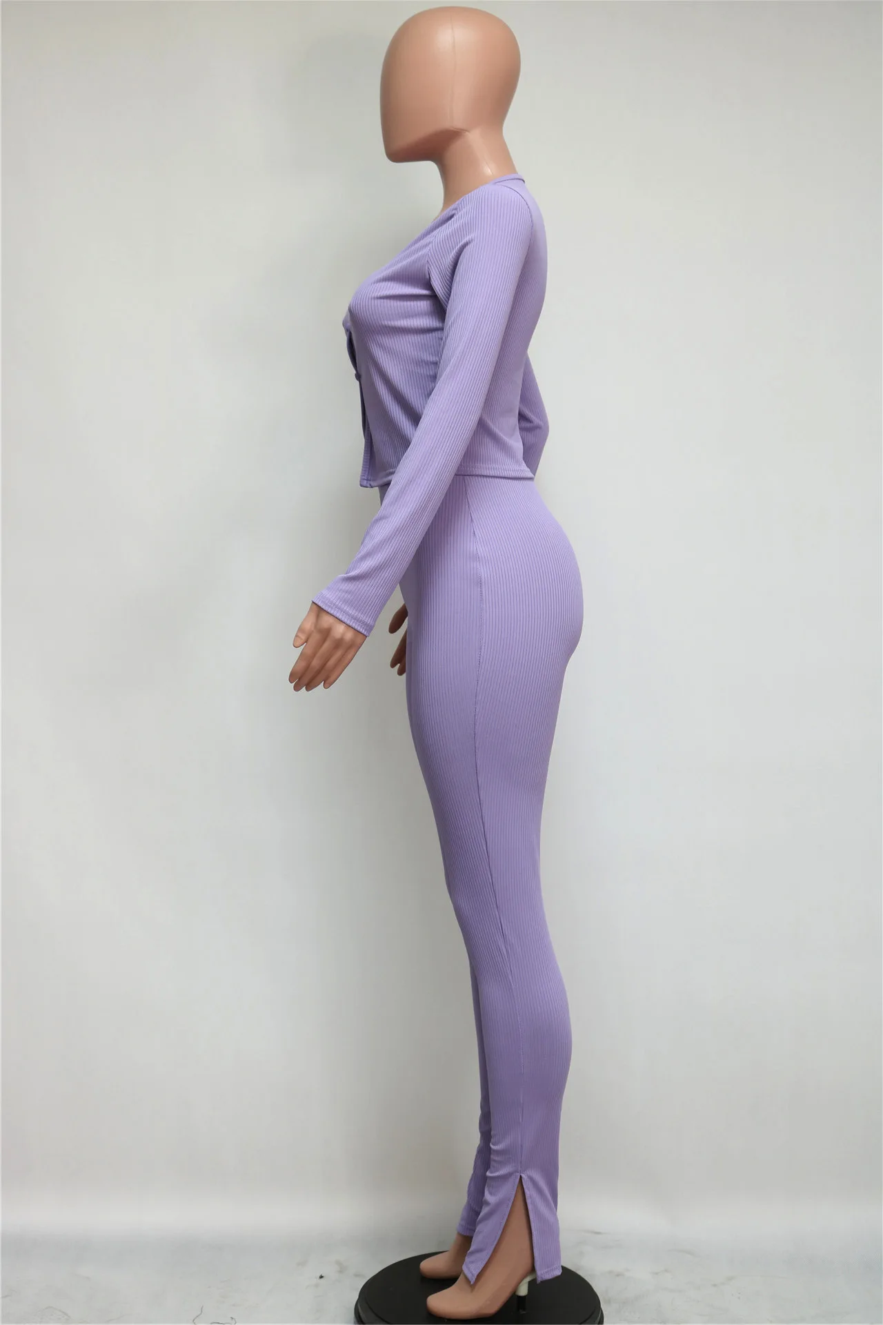 

2020 New Autumn Women Suit Hot Style Model Solid-color Knitting Crop Tops & Slit Trousers European and American 2 Piece Set