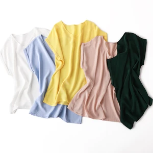 Летняя Однотонная рубашка с V-образным вырезом и короткими рукавами из 100% натурального шелка, женская одежда, размера плюс