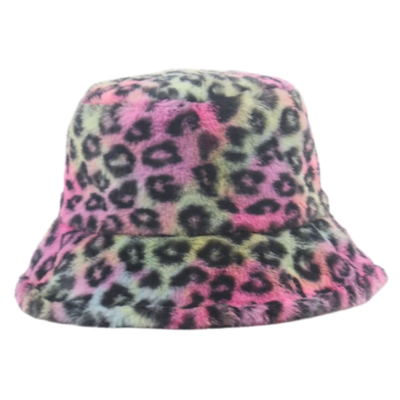 

Women Winter Warm Fluffy Plush Bucket Hat Colorful Tie-Dye Leopard Fisherman Cap
