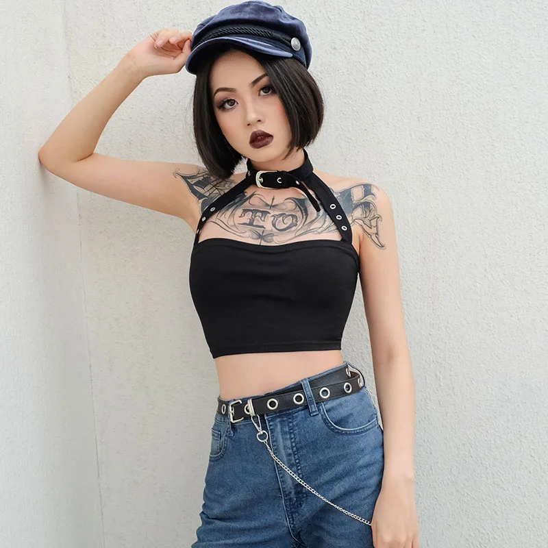 

2020 Summer Women Ladies Metal Button Neck Choker Sexy Super Short Vest High Waist Crop Top Shirt Street Sports Dancing Clothing