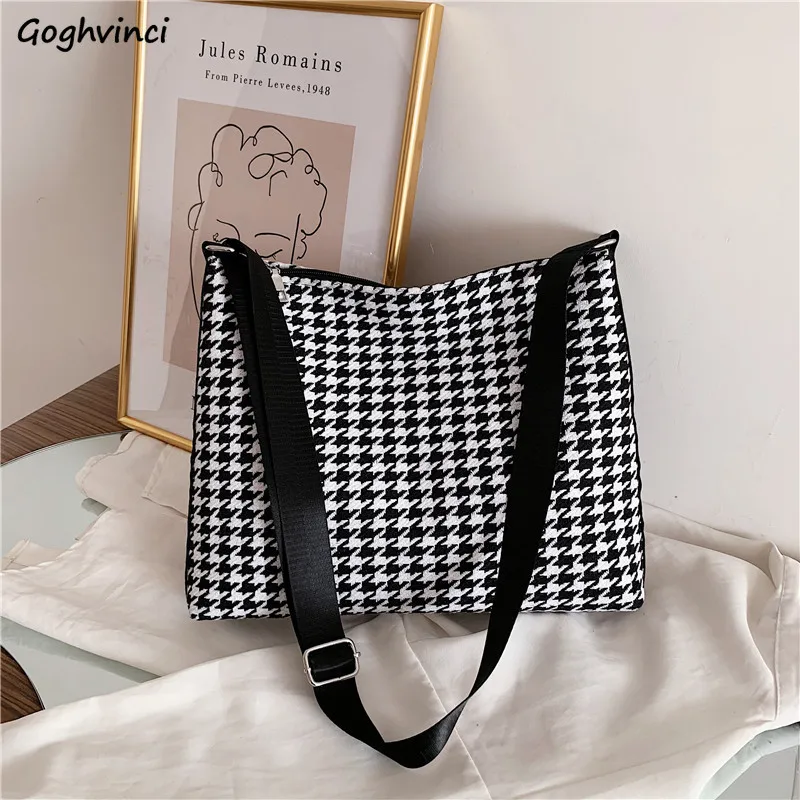

Retro Houndstooth Shoulder Bags Women Underarm Cross Body Totes Canvas Bag Big Capacity Zipper All Match School Student Satchel