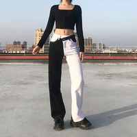 black white patchwork women jeans straight leg loose high waist female denim pants fashion streetwear korean style lady trousers