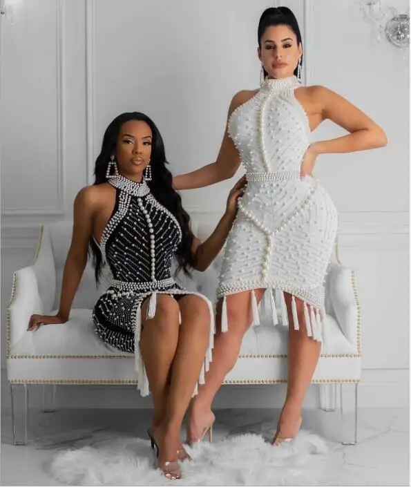 

2022 New Summer dress women Black White Beading Tassel Backless Sexy celebrity dresses Woman party night Plus Size