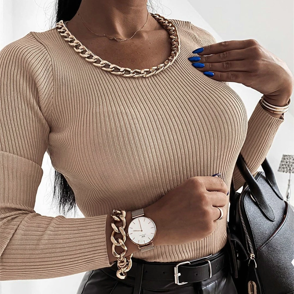 

Women Fall Slim Casual Knitted Shirt Long Sleeve Chain Round Neckline Solid Color Stretch Sexy Basic T-Shirt for Daily Wild Top