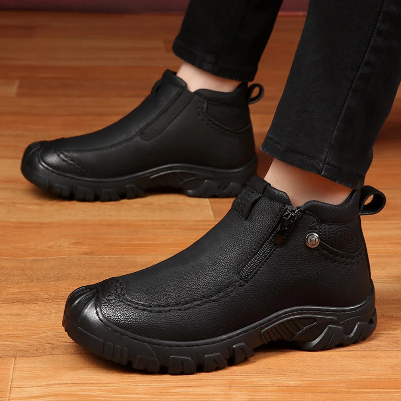 

Мужские ботинки из натуральной кожи, зимние ботинки, мужские водонепроницаемые ботинки на шнуровке, сохраняющие тепло, плюшевые ботинки с м...