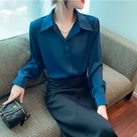 2022 fall fashion satin women shirts blouses long sleeve solid turn down collar blouse button ol elegant ladies tops clothes