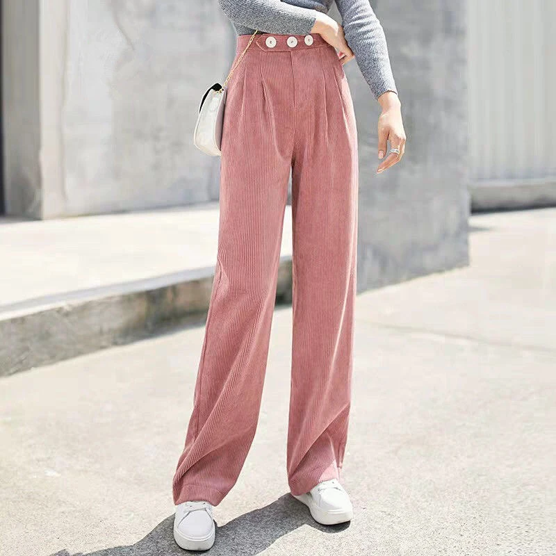 

Spring Fall Women High Waisted Wide Leg Beige Black Corduroy Pants , Autumn Winter Female Clothes , Korean Woman Trousers