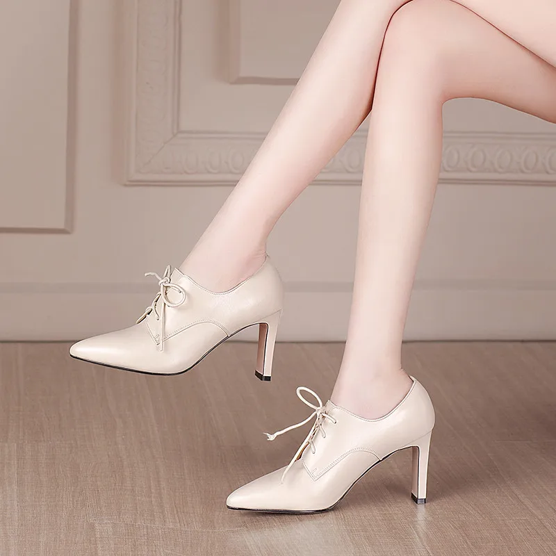 

MoonMeek 2021 New Genuine Leather Shoes Women Fashion Lace Up High Heels Ladies Single Shoes Spring Autumn Pumps For Woman