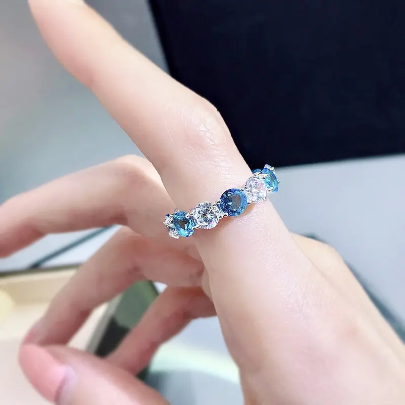 

Jazaz 100% 925 Sterling Silver Sparkling 5*5mm Inlaid Round Drill Aqual Blue Diamond Wedding Rings Women Fine Jewery Gifts B0079