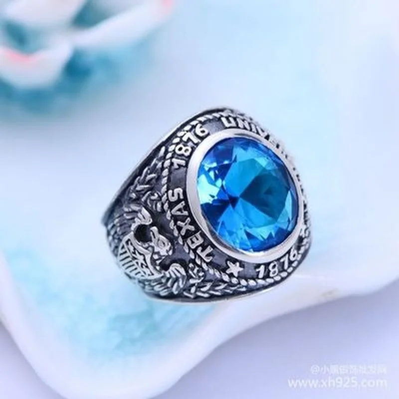 

925 Sterling Silver Thai Silver Synthetic Blue Crystal Eagle Spread Wings Men's Ring
