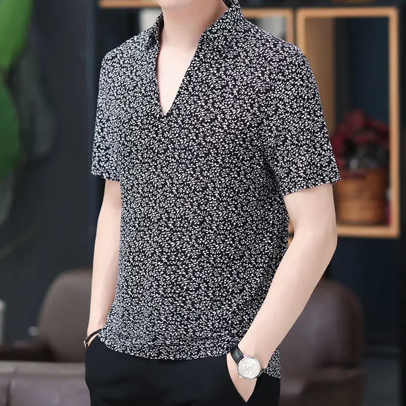 

Men's summer new short sleeve T-shirt Lapel polo shirt printing non iron elastic large V-neck