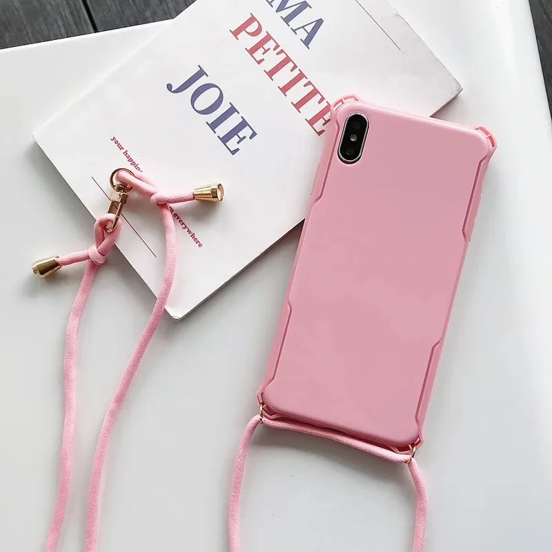 Pink and Strap Простой чехол карамельного цвета для iPhone 11 Pro XS MAX X XR 8 7 6 S Plus сплошной цвет Пластиковый ударопрочный Твердый чехол с плечевым ремнем - Цвет: Pink and Strap
