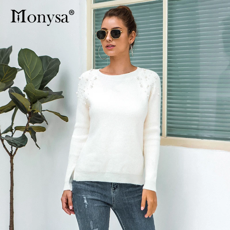 Пуловер свитер с бисером Осень-зима 2019 вязаные свитера длинным рукавом Женский