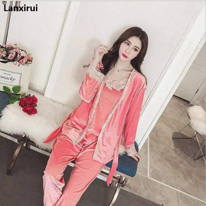 style 3 pink Новая осенне-зимняя кружевная Женская пижама с v-образным вырезом, сексуальное нижнее белье, наборы, кружевная Пижама, бархатная Пижама, толстая домашняя одежда - Цвет: style 3 pink