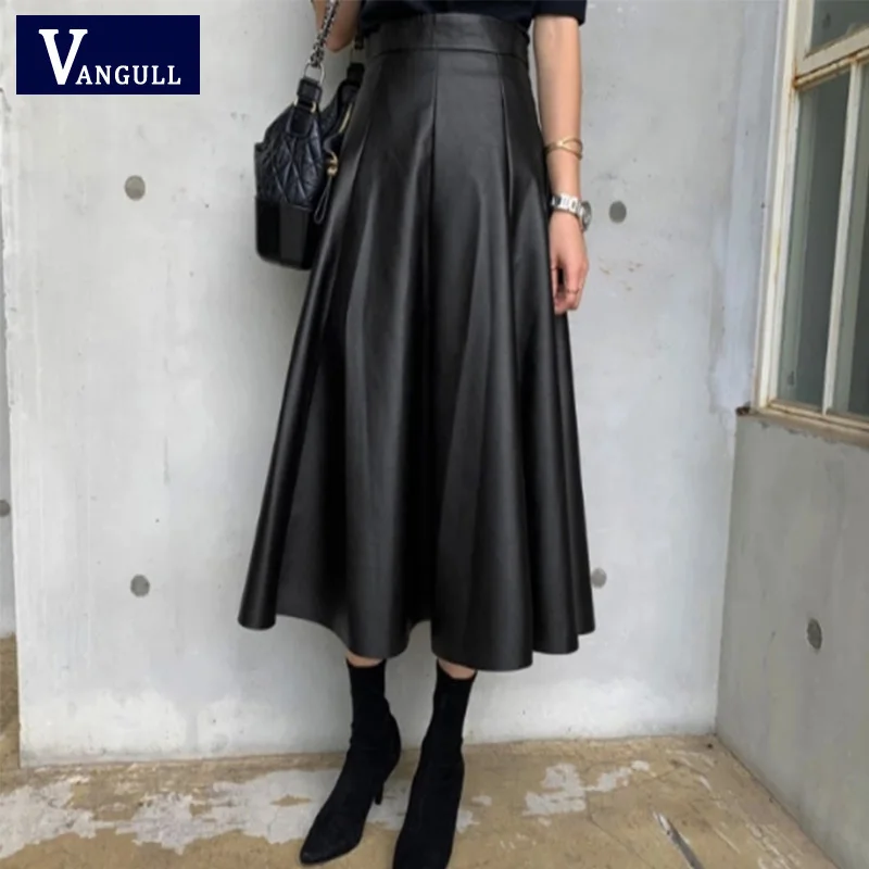 

Vangull Black Solid PU Leather Elegant Midi Skirt Women 2020 Spring High Waist Office Ladies A Line Flared Skirts Faux Leather