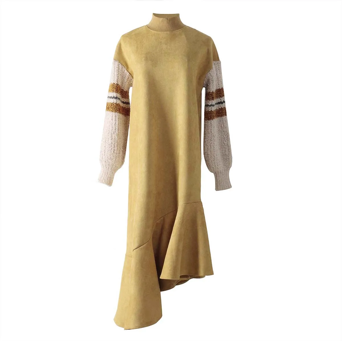 

DEAT 2021 New Spring And Summer Fashion Casual Solid Color Loose High Waist Ruffle Suede Knitted Long Sleeve Dress Women SH652