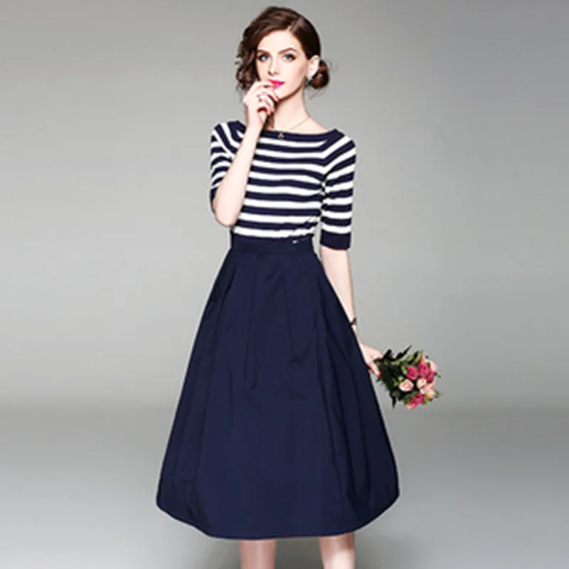

2021 Women New Sexy One Word Collar Slim Stripe Knitting Top + Fashion High Waist Leisure Skirt Office Business 2 Piece Set