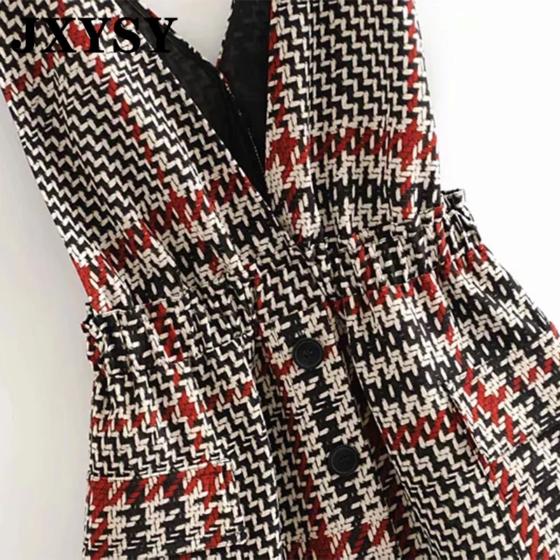 JXYSY английский стиль винтаж в клетку однобортное Мини платье на бретелях для