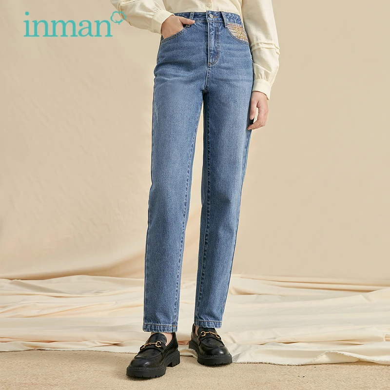 

INMAN Women's Jeans Autumn Winter Plaid Splicing Design Stylish Frayed Denim Straight Tapered Trousers