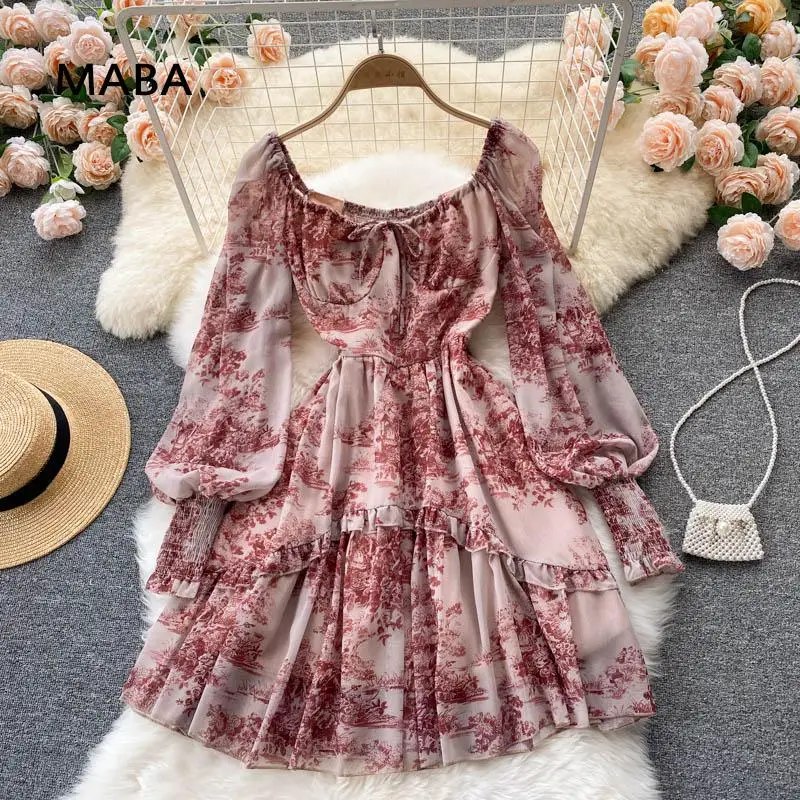 

Chiffon Mini Robes women long puff sleeve high waist Ruffle Vintage Print A-line dress new autumn 2021 vestidos Boho Dress