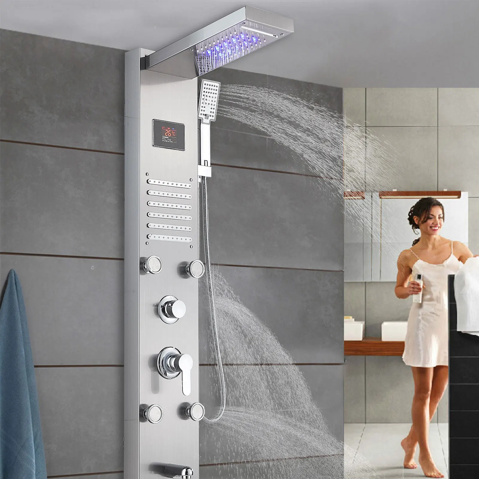 Beste 1.8 Gpm Rvs Douche Kraan Muur Gemonteerde Led Douche Panel Screen Hand-Held Aterfall Douche Nozzle Sprinkler