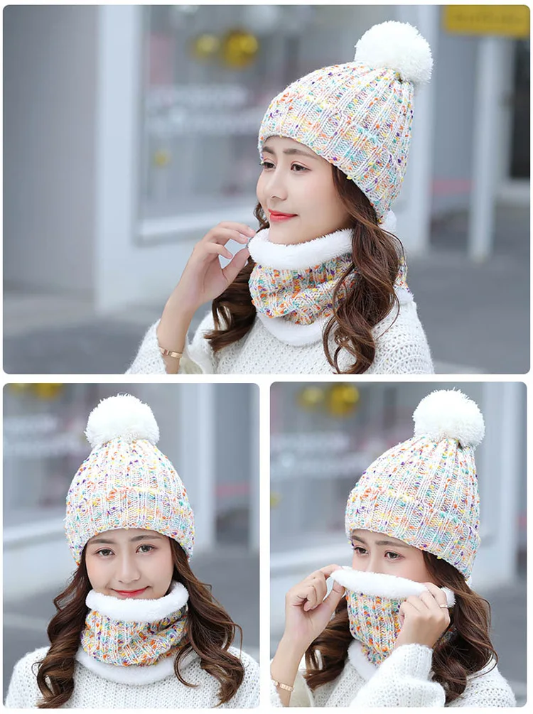 Fashion Winter Hat Scarf Set For Women Girl Warm Beanies Cap Lady Ring Scarf Pompoms Winter Hats Knitted Caps Scarf 2 Pieces