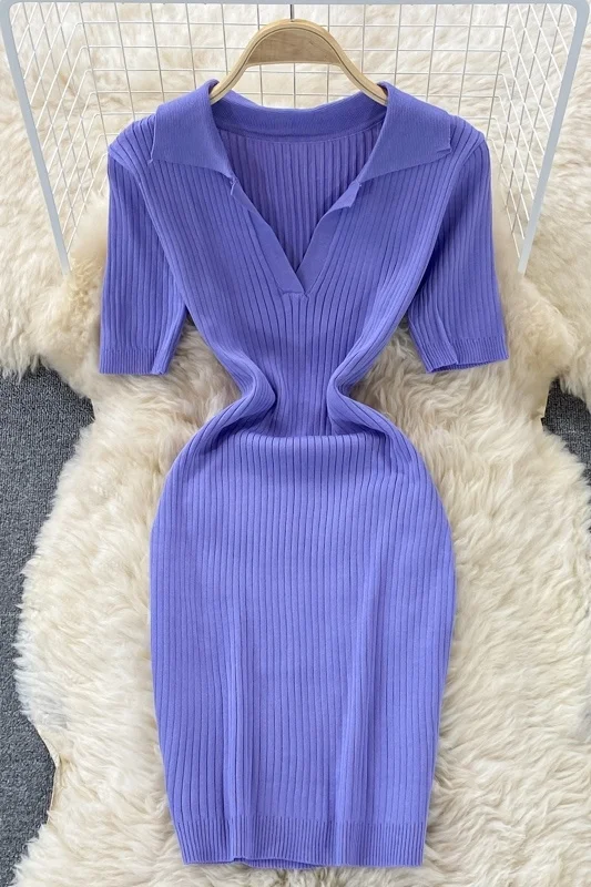 

Summer Classic Lapel Knitted Deep Chest Split Dress Women Waist Slim Package Hip Dress Lady Short Sleeve Polo Dress For Girl