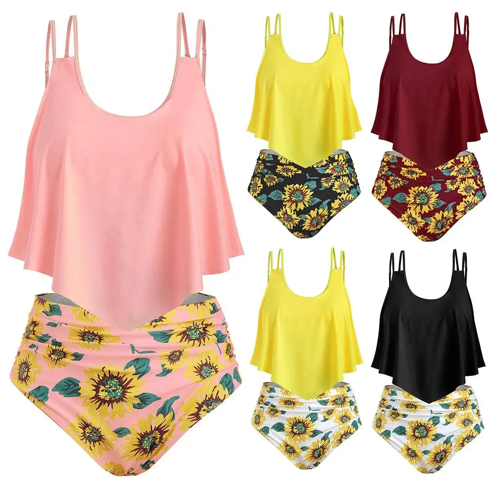 

Summer Women Two-piece Sunflower Print Ruched High Waist Tankini Set Swimwear show your slender figure