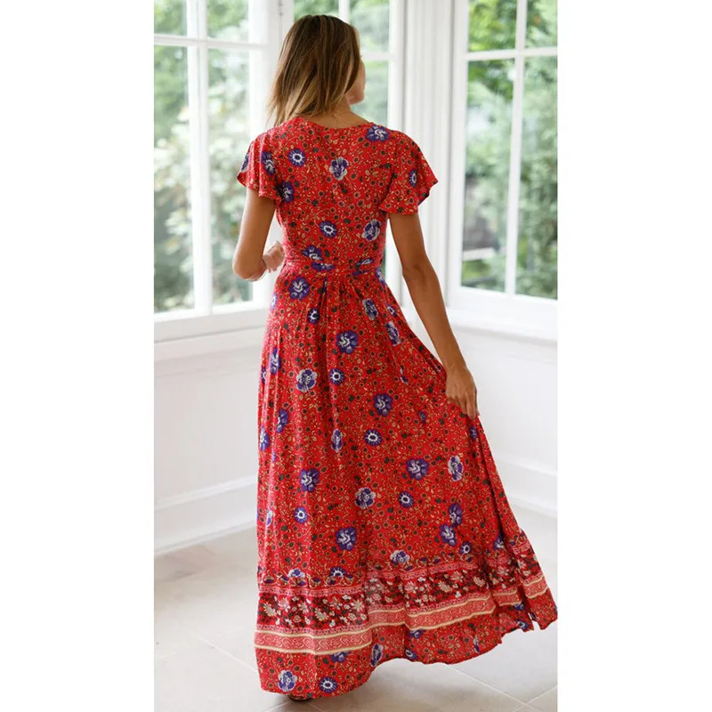 

Summer Sexy Deep V Neck Bohemian Print Women's Dress Fashion Short Sleeve Tunic Party Ladies Sexy Dress