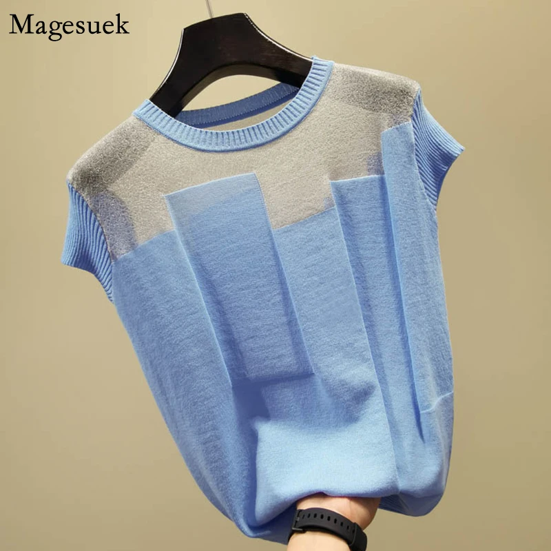 

Summer Short Sleeve Knitted Women Blouse Tops O-neck Solid Blouses Women Casual Patchwork Slim Silk Female Shirts Blusas 8796