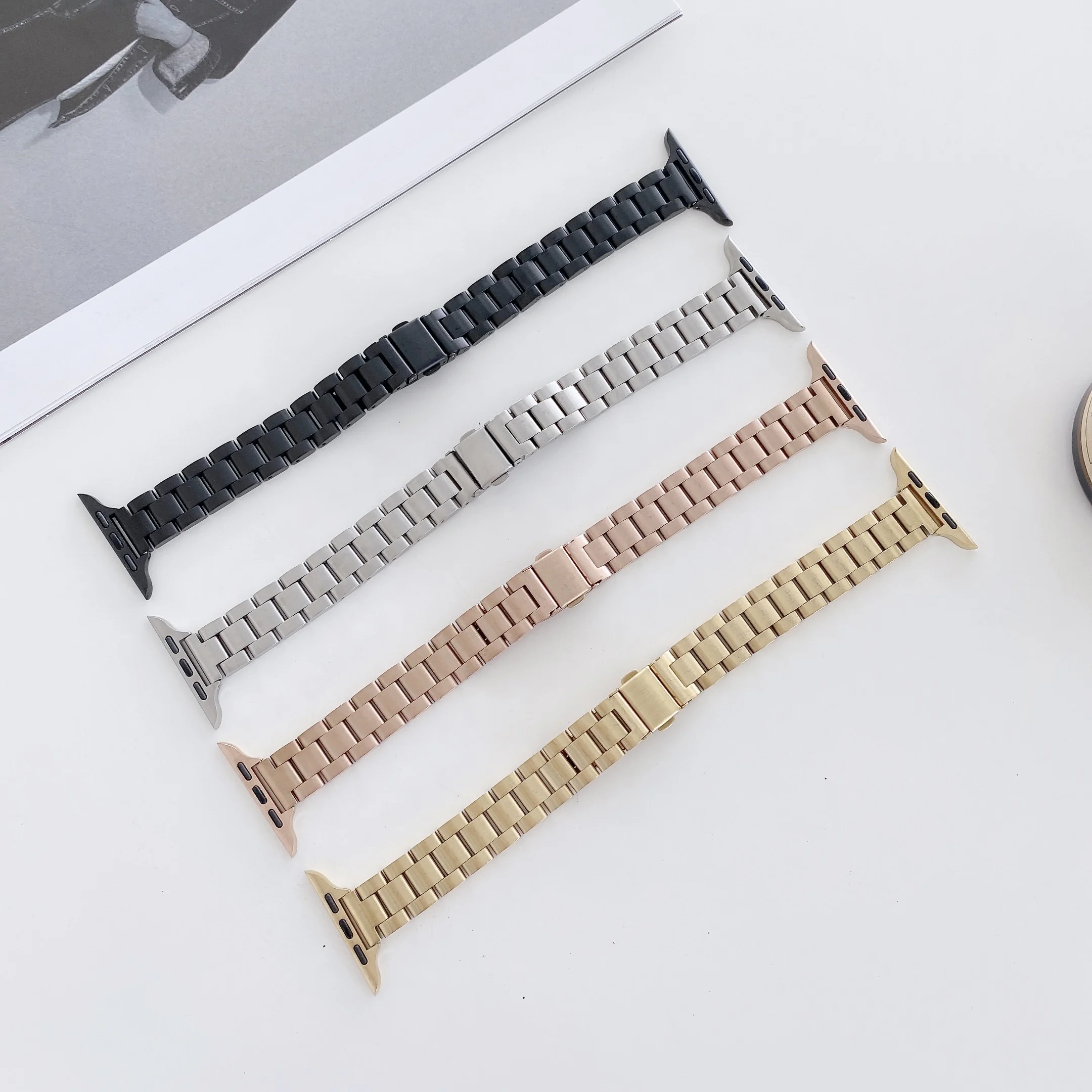 

Тонкий браслет из нержавеющей стали с тремя бусинами для Apple Watch Band 38 40 42 44 мм, металлический звеньевой браслет для iWatch Series SE 7 6 5 4 3 2 1