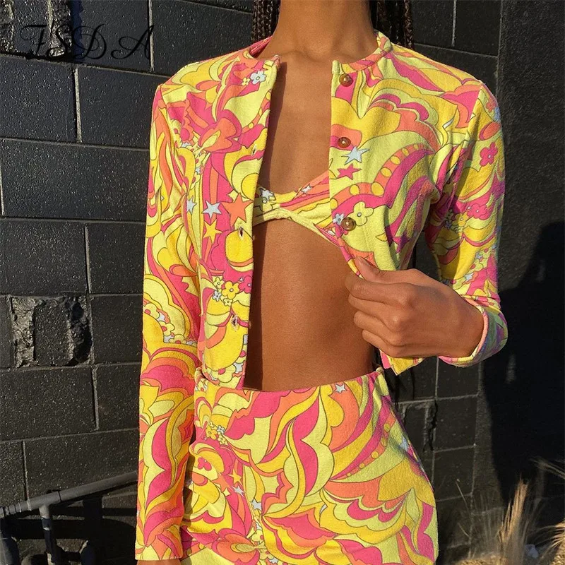 

Women Spring Autumn Printed Short Outerwear Adults Button-down Long Sleeve Round Neck Cardigan Streetwear Crop Tops
