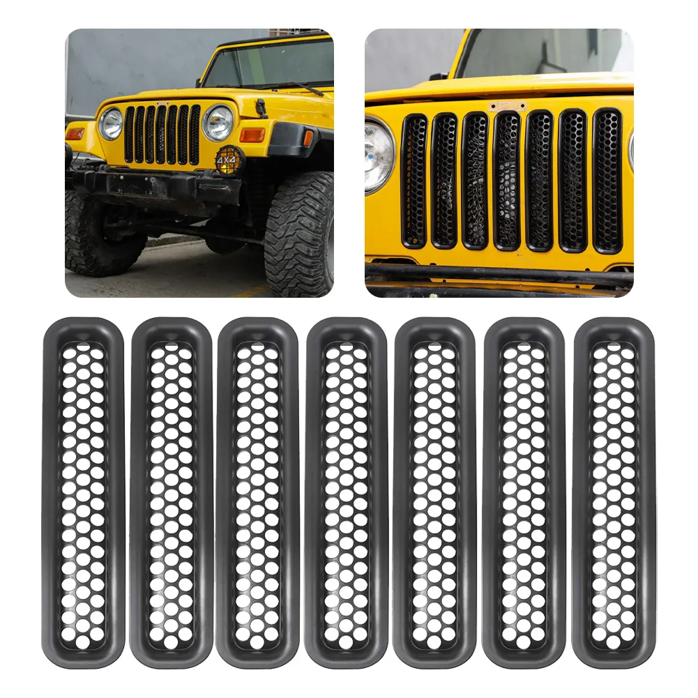 

7PCS Car Front Insert Mesh Grille Trim Cover Car Front Grille Honeycomb Mesh Black Auto For TJ Wrangler 97-06