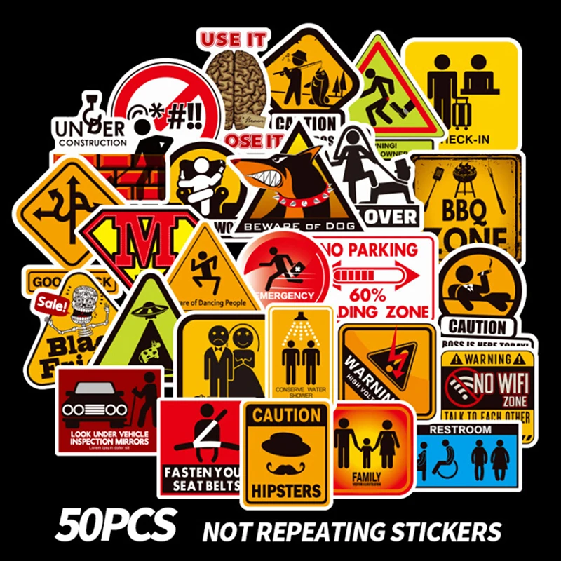 

50Pcs Banning Signs Stickers Warning Danger Reminder Waterproof Decal Sticker to DIY Car Laptop Suitcase Motorcycle Snowboard