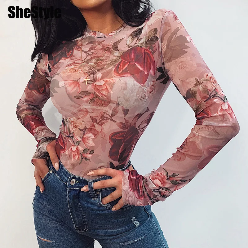 Shstyle, с принтом розы, Сетчатое, просвечивающее, сексуальное боди для женщин, с длинным рукавом, с круглым вырезом, осеннее, с цветочным принтом, облегающее, розовое, модное, боди для девушек