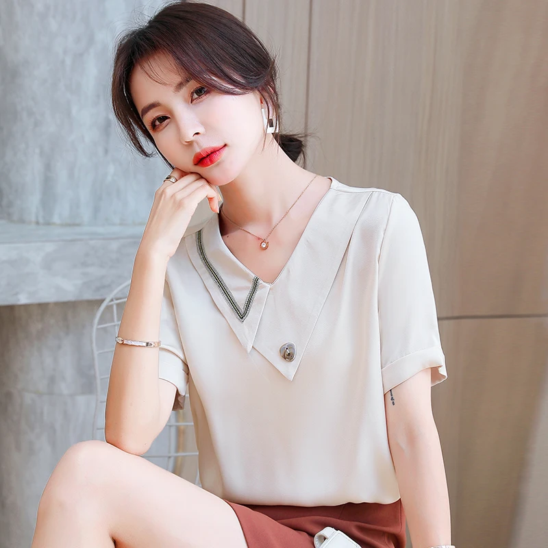 

COIGARSAM Fashion Short Sleeve blouse women New Summer Chiffon blusas womens tops and blouses Apricot 8892