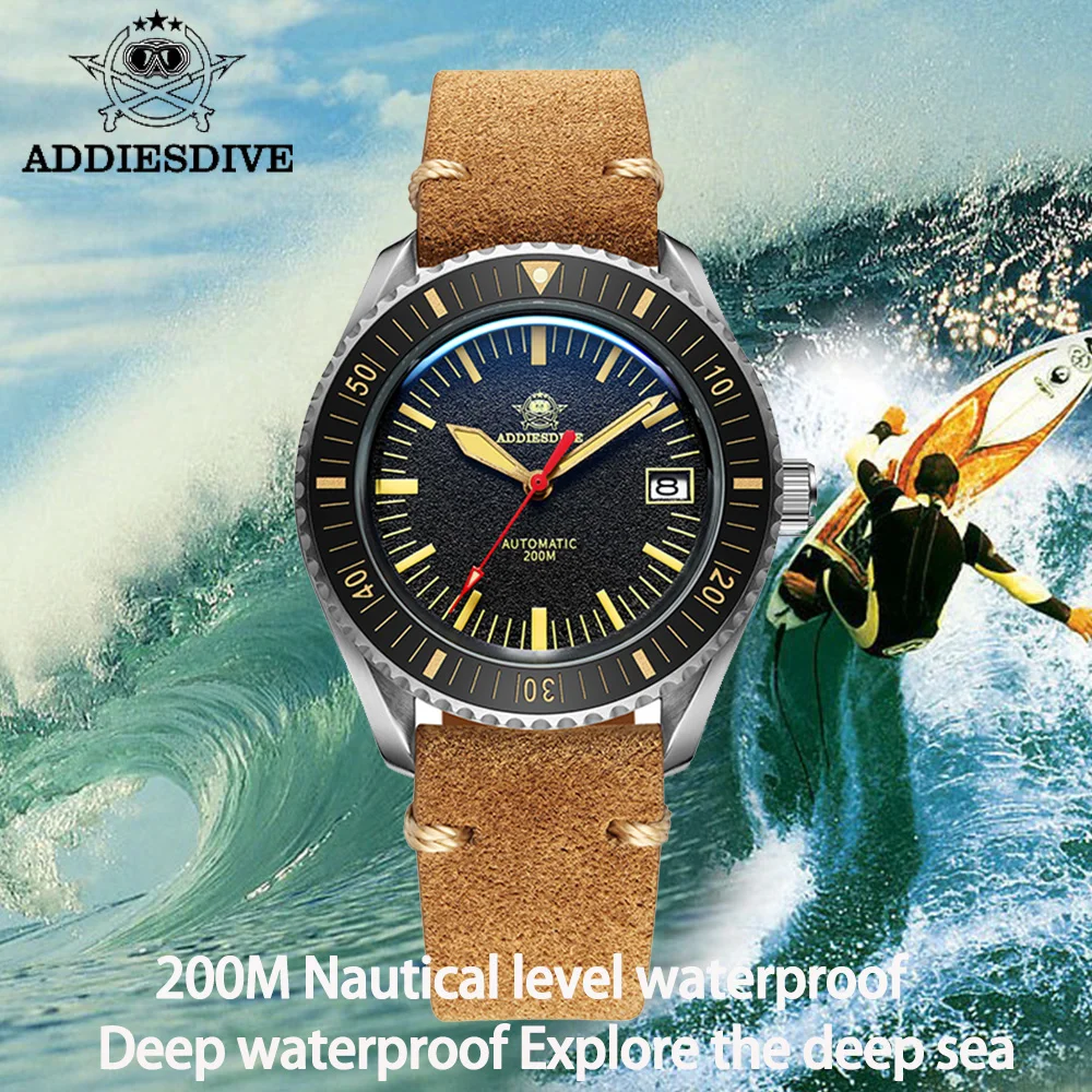 

Addiesdive Top Brand Luxury Men Watch Leather Strap NH35 Movement Automatic Mechanical Fire Pattern Dial C3 Lume 200M Dive