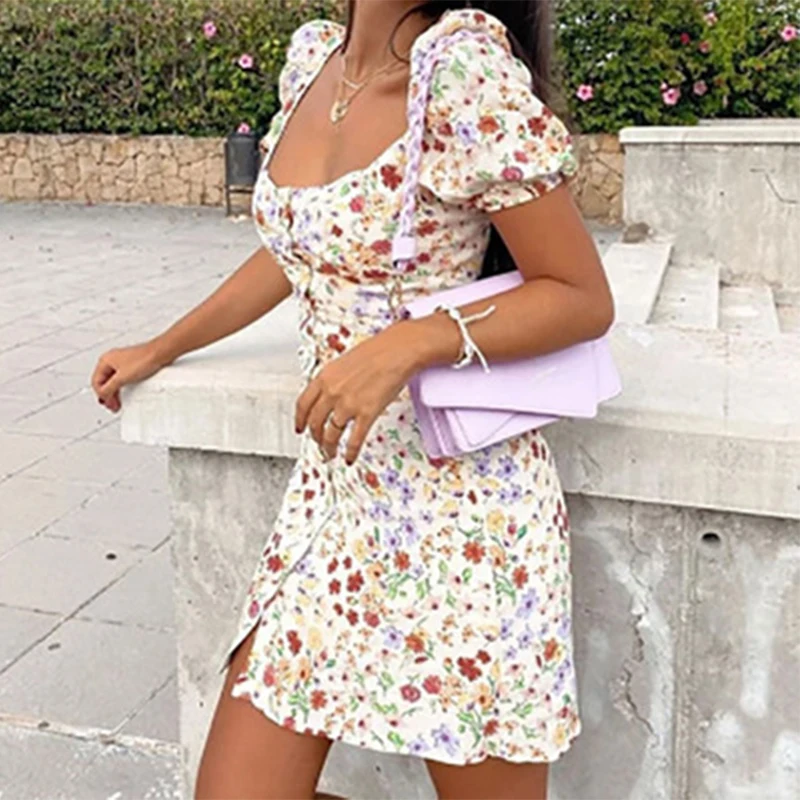 

Traf za women 202021 summer oil painting print square neck puff sleeve sweet dresses official shein robe zaraing femme
